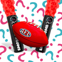 Gender Reveal AFL Sports Bundle featuring two red smoke bombs and a red AFL gender reveal ball.
