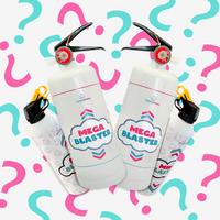 Quad Family Gender Reveal Extinguisher Bundle with 2 mega and 2 mini blasters surrounded by pink and blue question marks