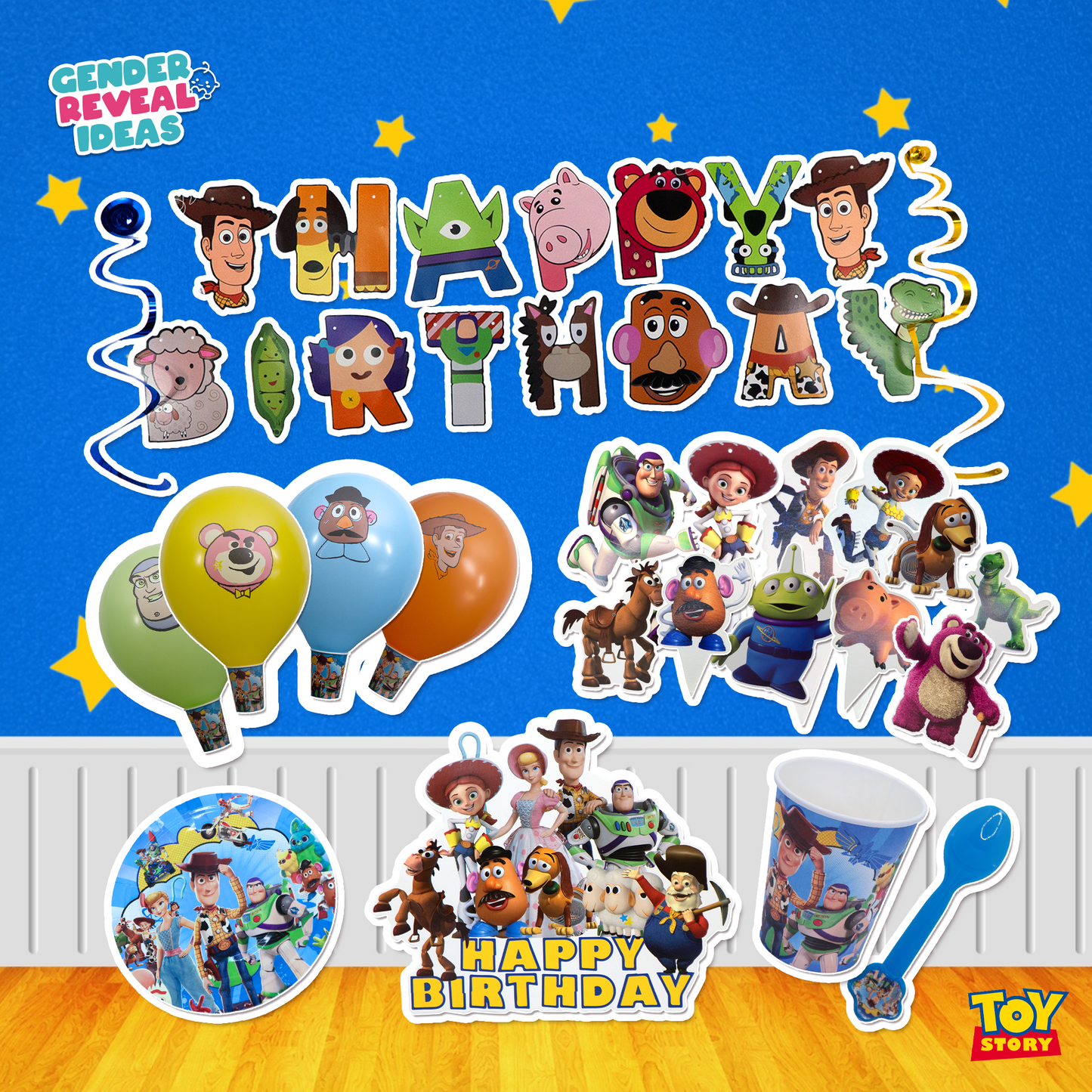 Toy Story Balloons: Colourful Toy Story balloons featuring Woody, Buzz Lightyear, and friends, adding a fun and festive touch to the birthday celebration.