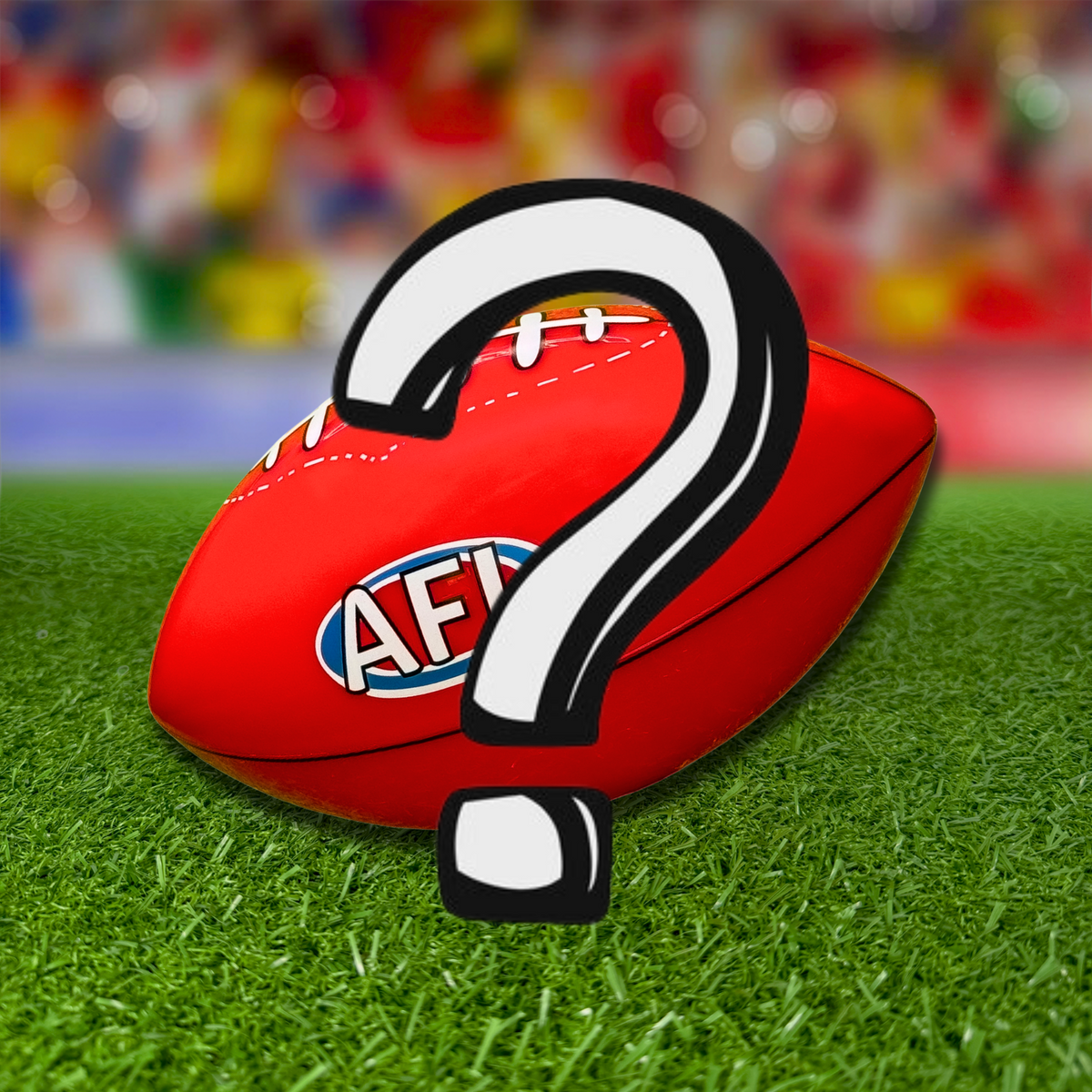 Sports Gender Reveal AFL Ball featuring a red Australian Rules football with a white question mark design, positioned on synthetic grass with a colorful bokeh background, perfect for AFL-themed gender reveal celebrations.