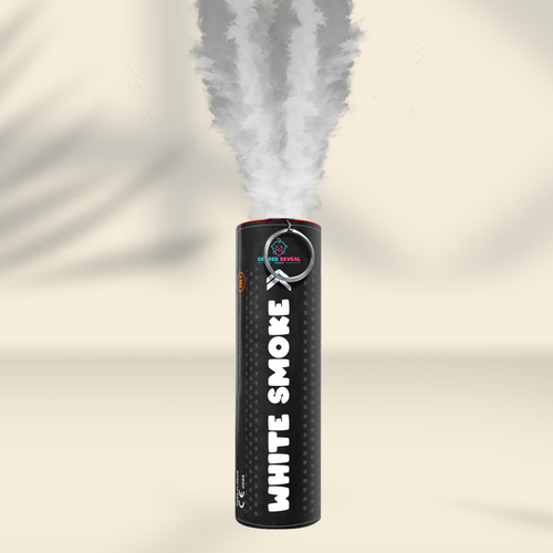 Extreme Gender Reveal Smoke Bomb emitting thick white smoke plume from black cylindrical canister with 'White Smoke' text against beige background, demonstrating product in action for gender reveal celebrations.