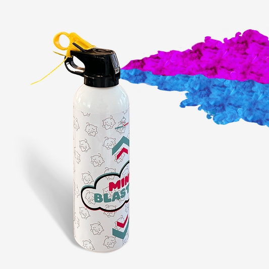 Gender Reveal Powder Extinguisher Mini Blaster with white canister featuring cute pattern design, shown releasing vibrant pink and blue powder streams against white background, demonstrating its colorful reveal effect with black nozzle and yellow safety clip.