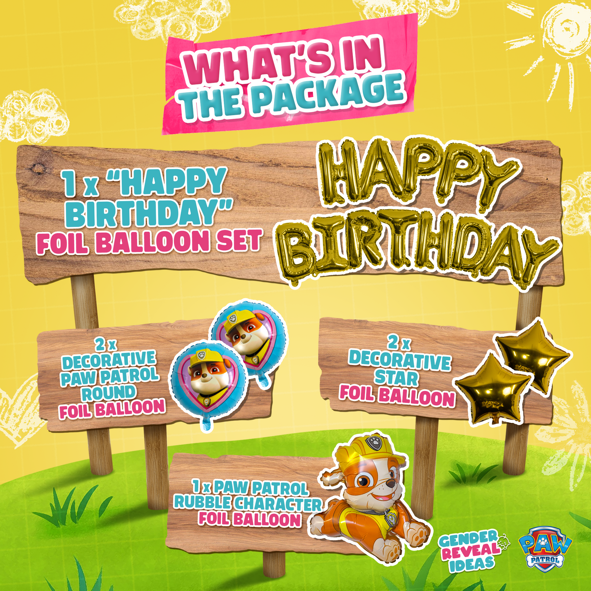 Paw Patrol Birthday Foil Balloon Set featuring gold Happy Birthday letters, Rubble character balloon, decorative star balloons, and themed character foils displayed on wooden signs against yellow background with grass details