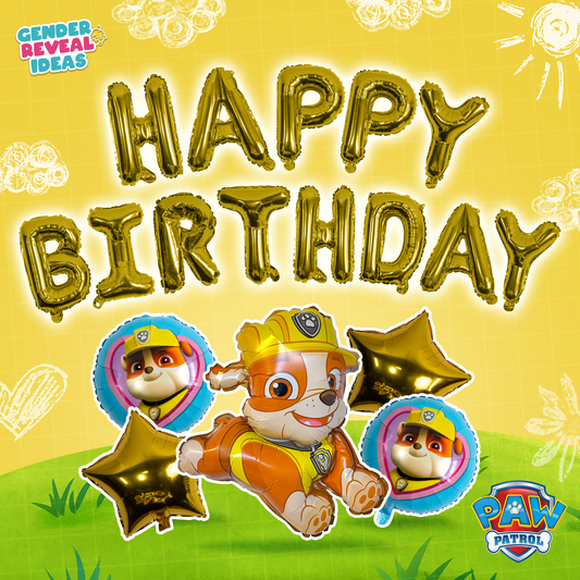 Paw Patrol Birthday Foil Balloon Set featuring Rubble with gold HAPPY BIRTHDAY letter balloons, character roundels, and gold star balloons on yellow background with decorative white doodles. Perfect for children's birthday party decorations.