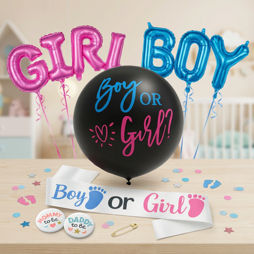 Gender reveal setup with black balloon, blue and pink letter balloons, confetti, pins, and buttons for party celebration