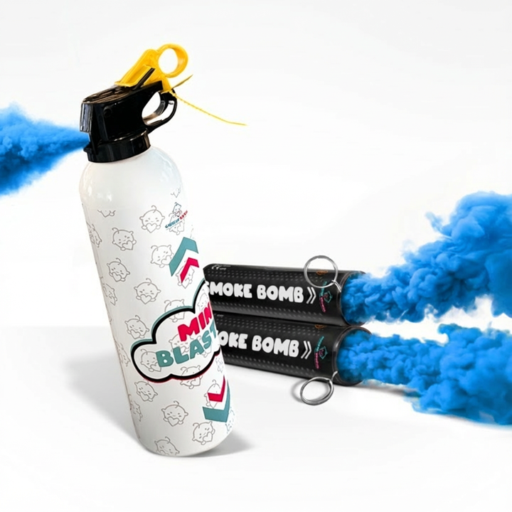 Mini blaster and two smoke bomb canisters releasing vibrant blue smoke for a gender reveal celebration bundle