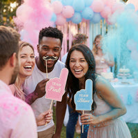 Gender reveal photo booth props set with mustaches and signs