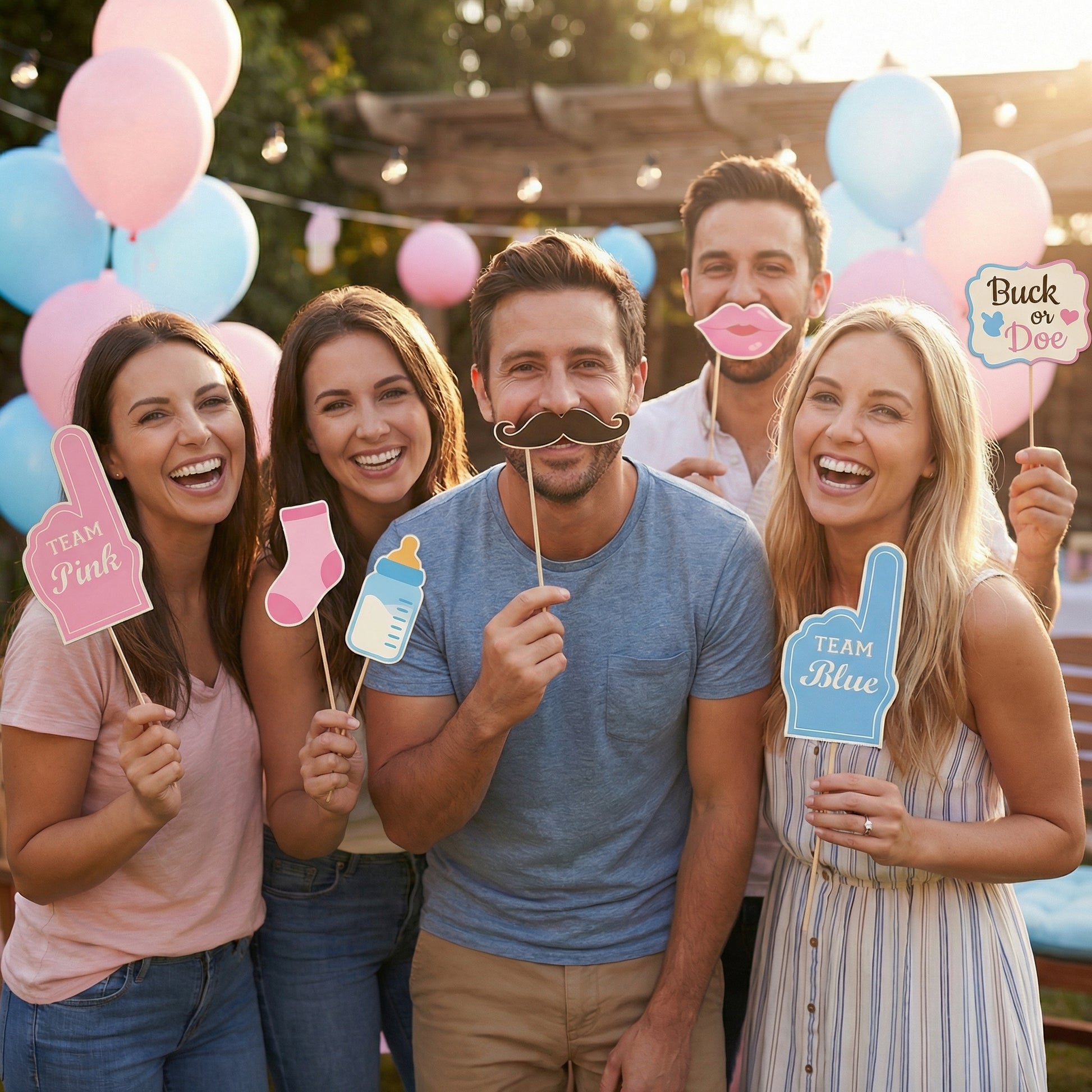 Gender reveal photo booth props set with mustaches and signs