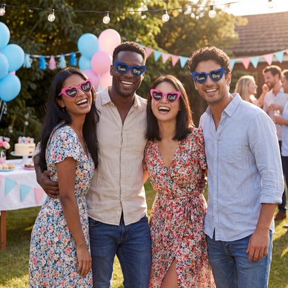 Gender reveal party glasses set with blue and pink frames