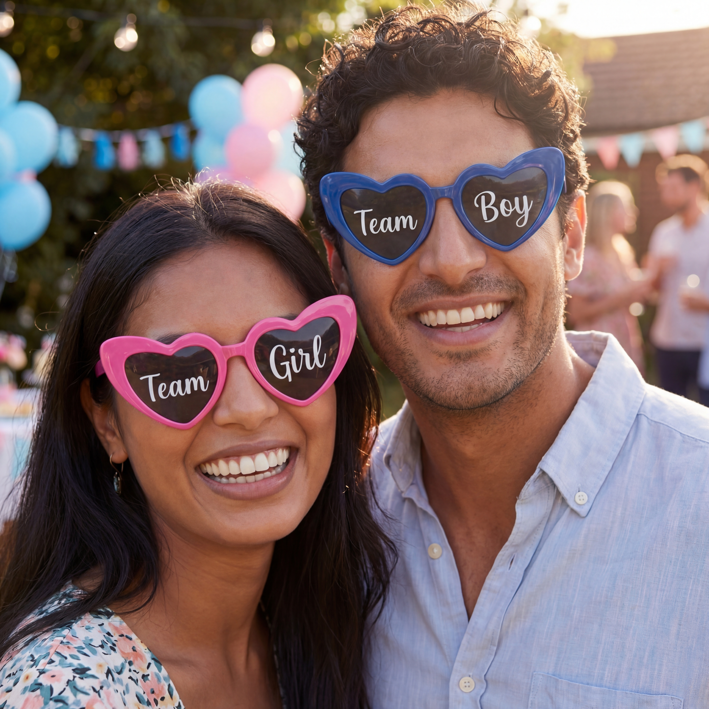 Gender reveal party glasses set with pink and blue frames