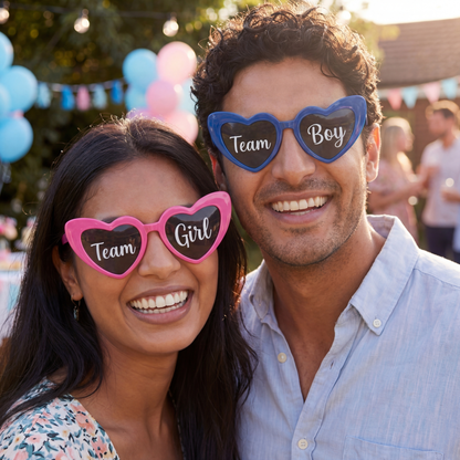 Gender reveal party glasses set with pink and blue frames