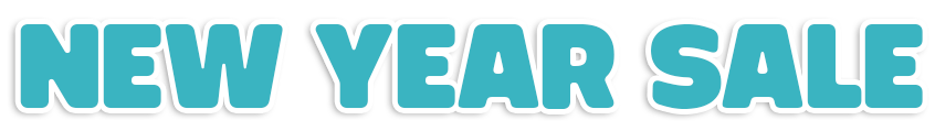 Blue and white text reading New Year Sale with a bold font and shadow effect on a transparent background
