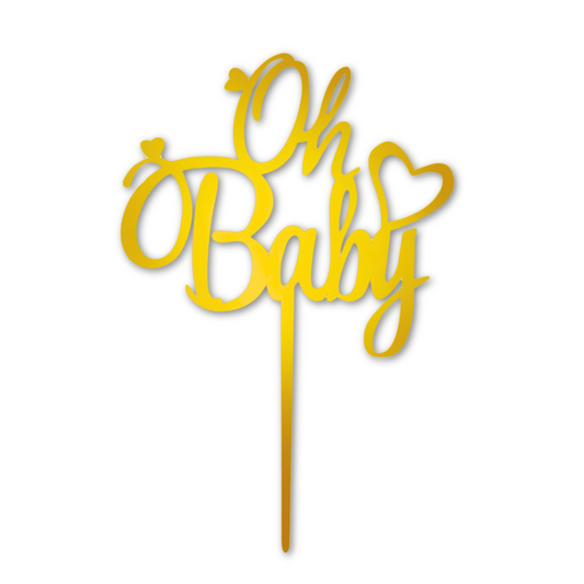 Gold acrylic "Oh Baby" cake topper with cursive lettering and heart detail, featuring a sleek modern design with long installation pick, perfect for baby showers and celebrations.