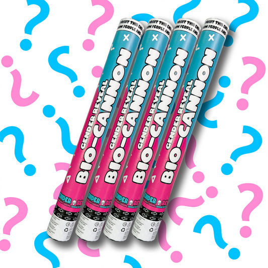 4pcs Gender Reveal Cannon powder tubes in pink and blue gradient design, arranged diagonally with decorative question mark pattern background in matching pink and blue colours for gender reveal celebrations.