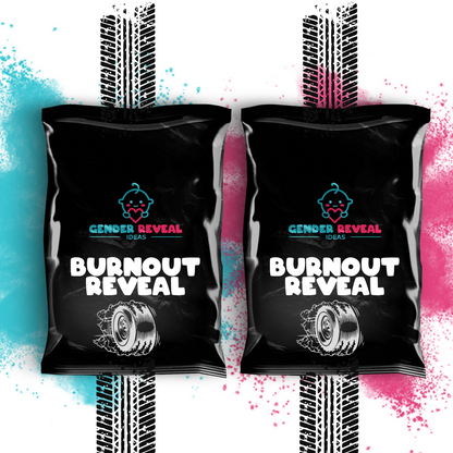 BURNOUT Smoke EXTREME Gender Reveal Burnout Powder packages shown with tire tracks and colorful powder explosions in blue and pink, featuring black packaging with tire illustration and brand logo, displayed against contrasting powder splash background