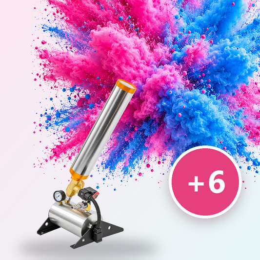 TNT gender reveal cannon with a plus six upgrade badge