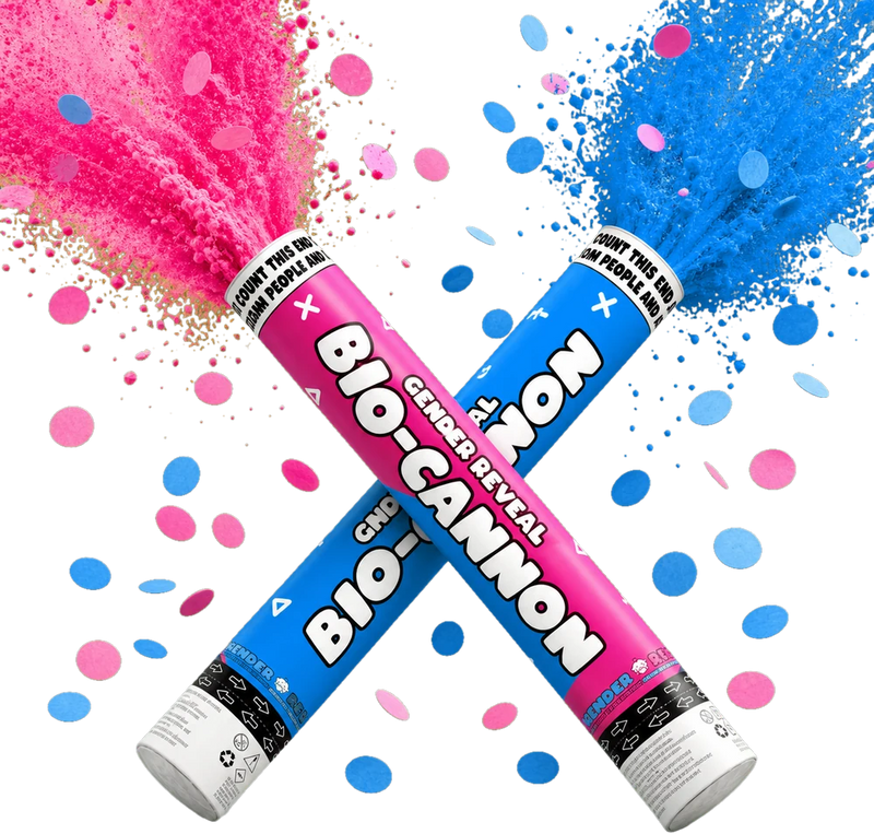Gender Reveal Bio-Cannon confetti and powder cannons bursting with pink and blue