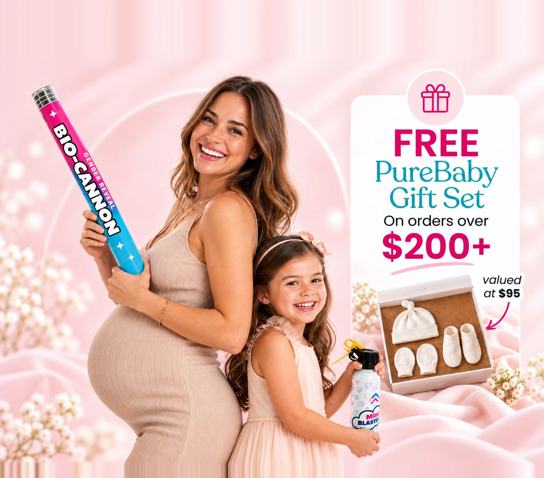Pregnant mum holding a BIO-CANNON beside her daughter, with the free PureBaby gift set